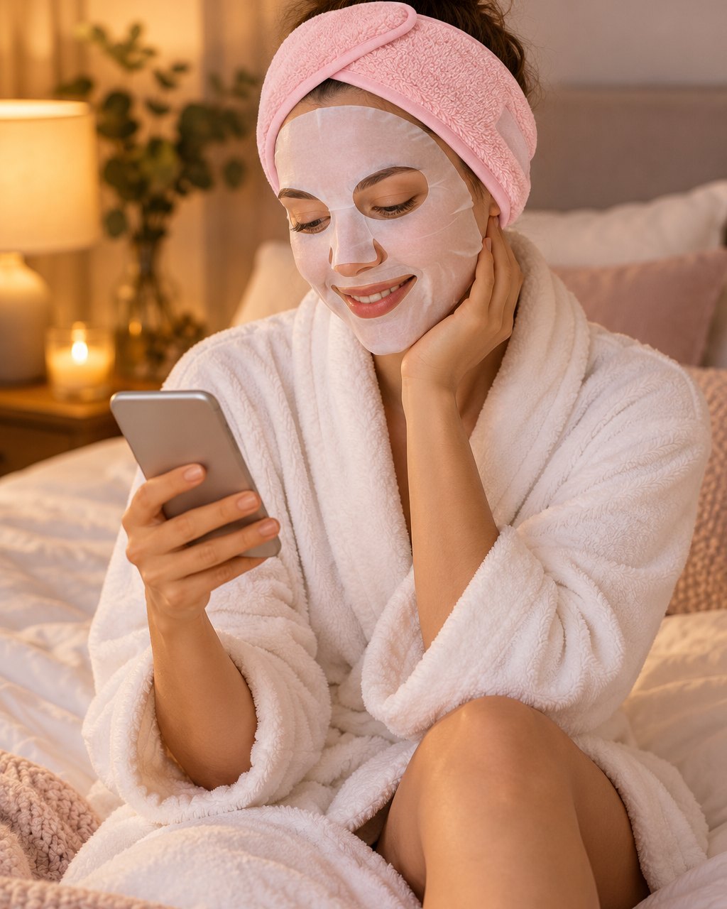 Woman in a robe wearing the pink headband with a face mask on
