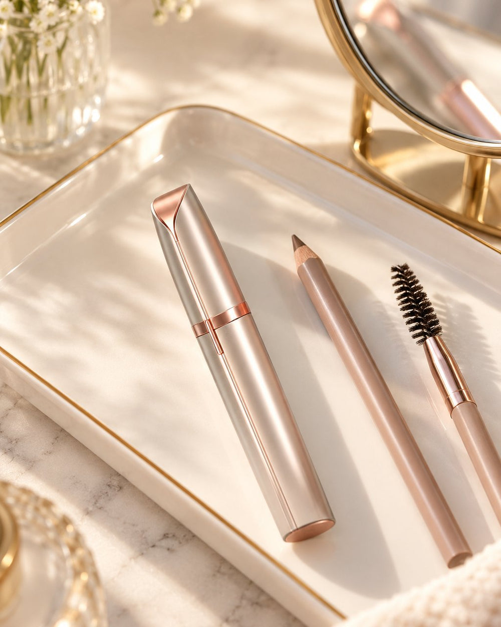 Brow trimmer on a vanity tray next to a brow pencil and a small mirror