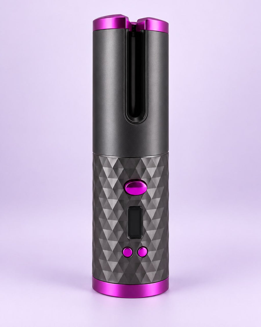 Grey cordless automatic curler with berry-pink trim