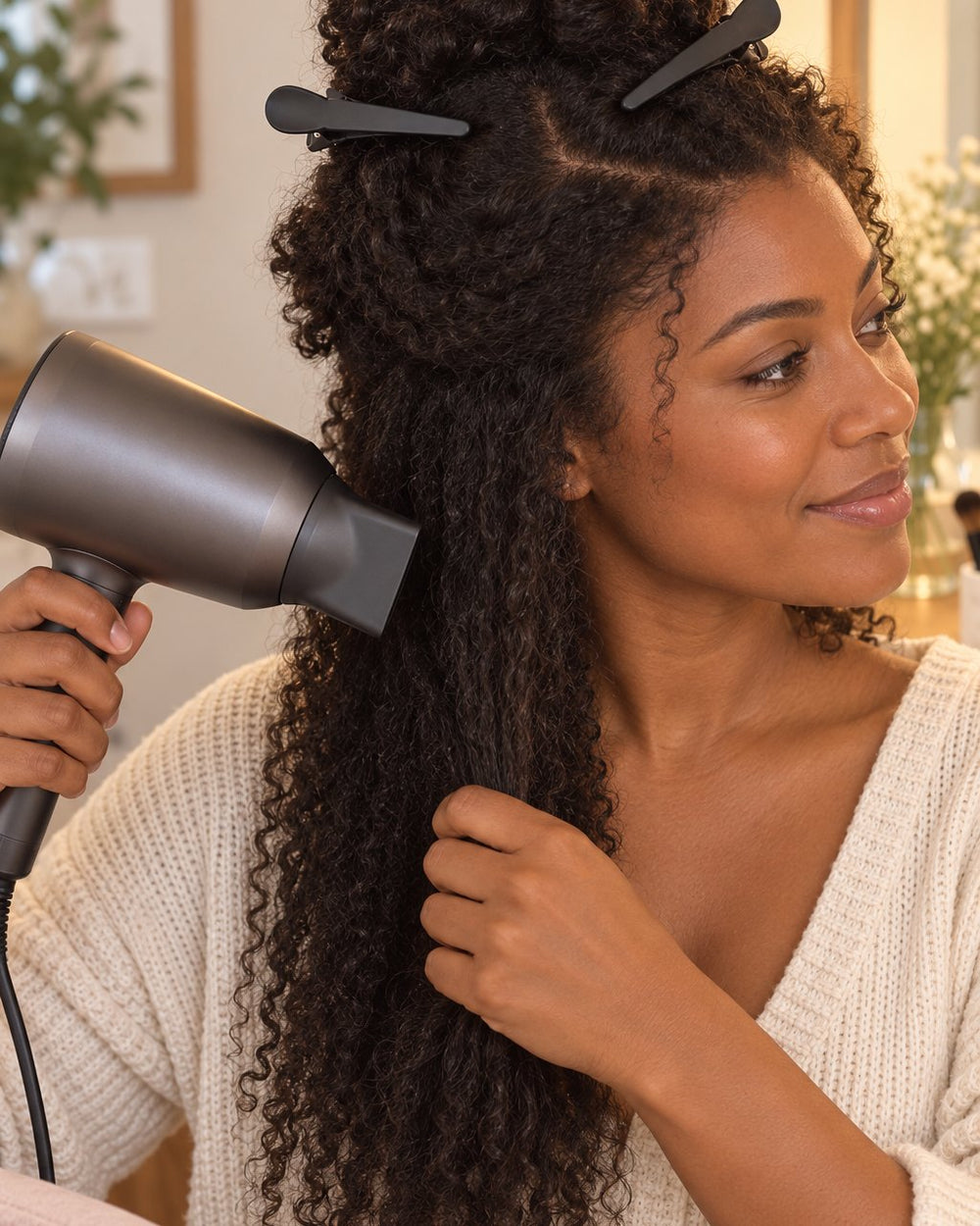 Woman blow-drying her hair with the top sections pinned up in black clips