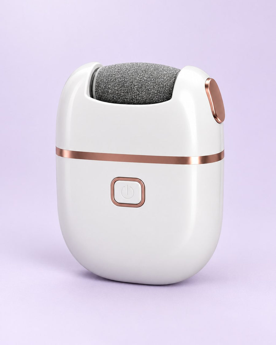 White electric callus remover with a grey sanding roller and rose-gold trim