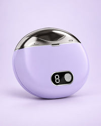 Round lilac electric nail clipper with a silver top and a small display