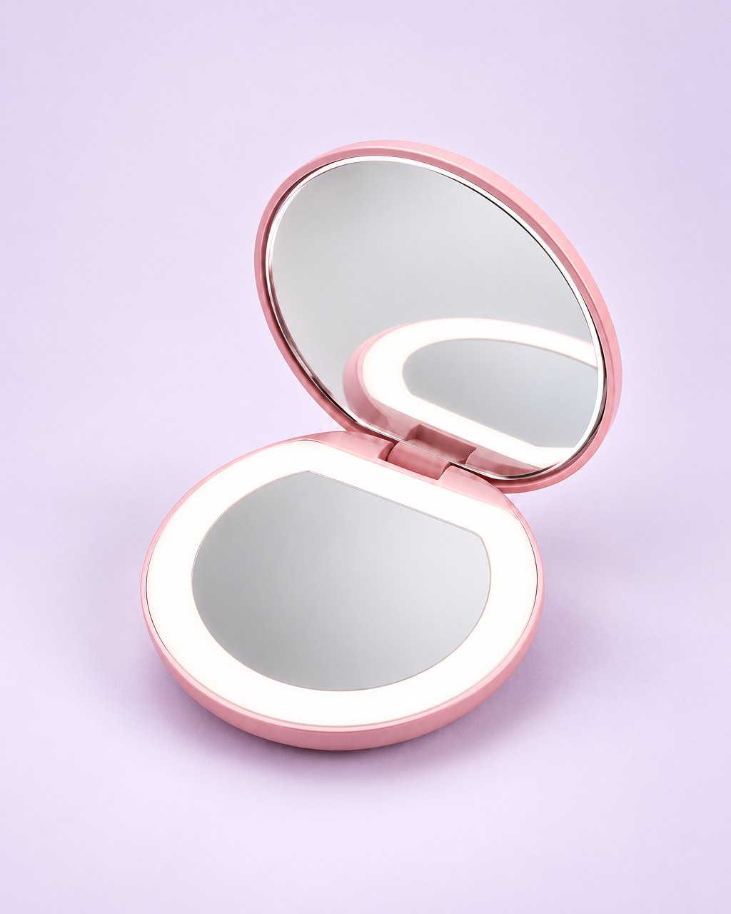 Pink round LED compact mirror, open, with its light ring