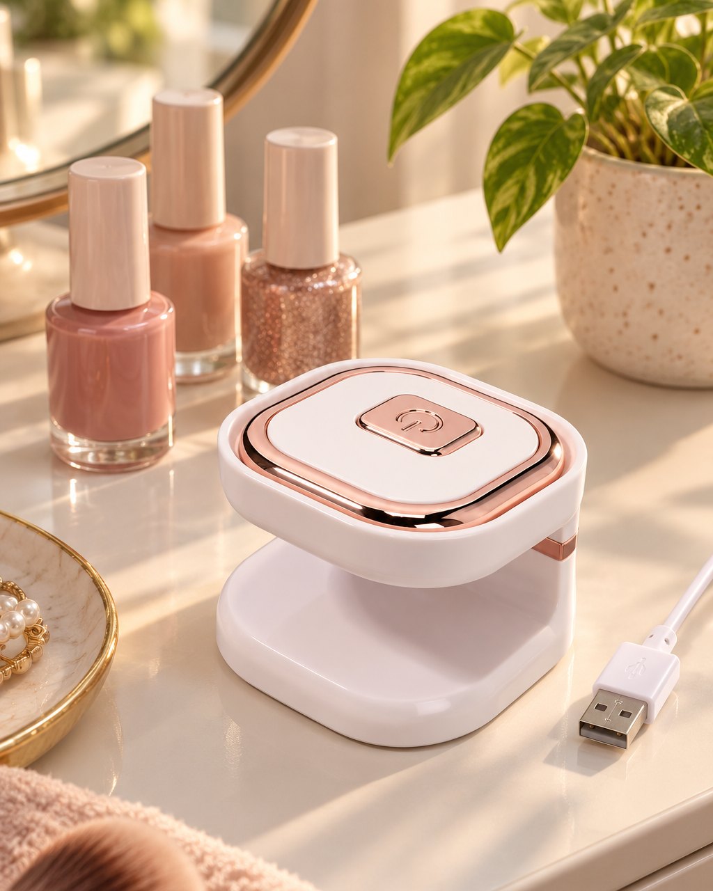 Mini nail lamp beside gel polish bottles on a dressing table