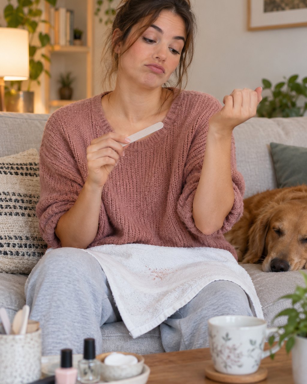 Woman filing her nails by hand with an emery board, looking tired of it