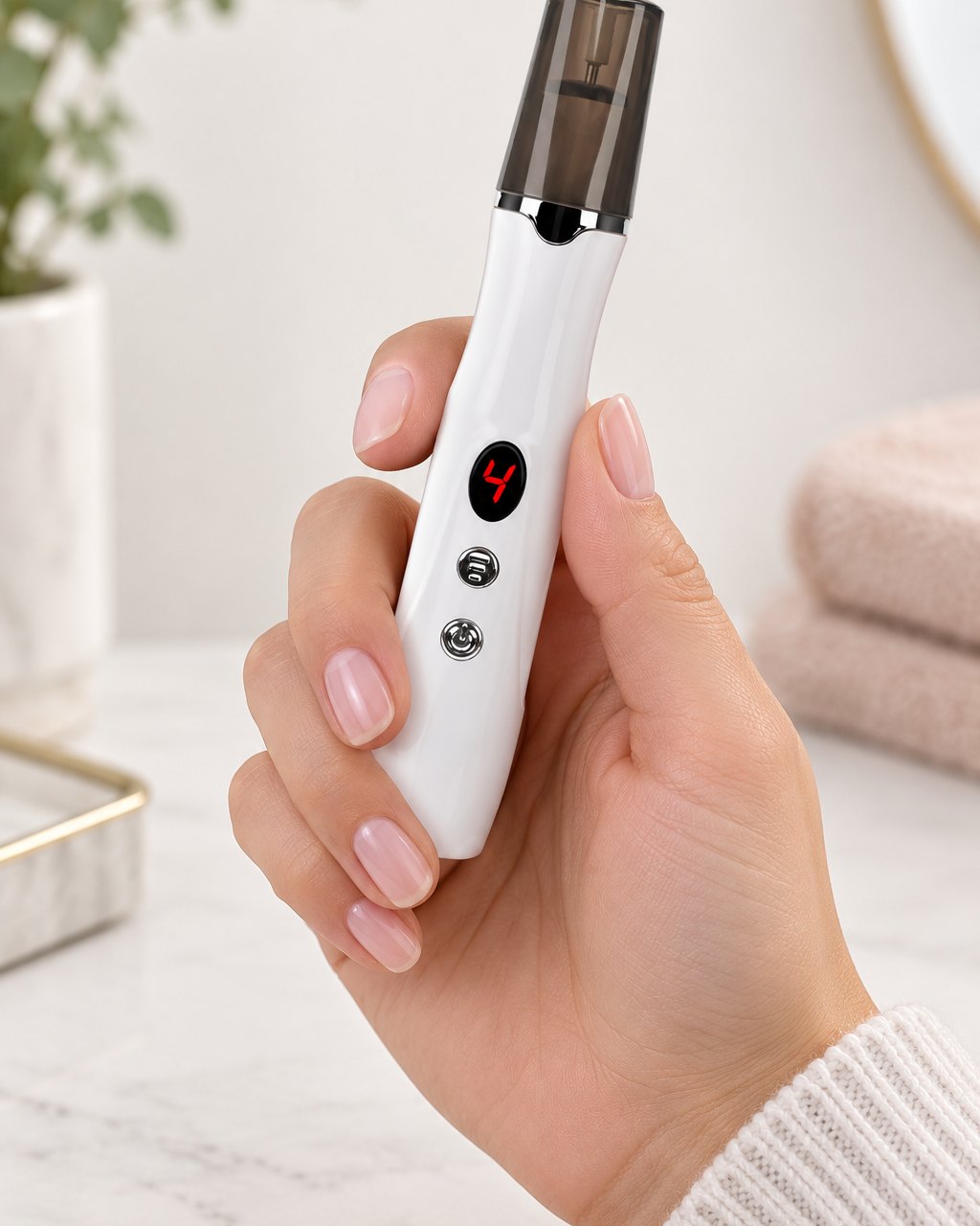 The nail pen held like a pen in one hand, about the size of a marker