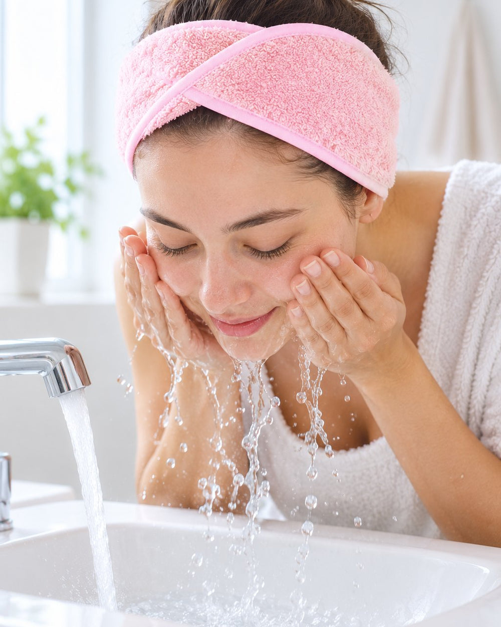 Woman washing her face with her hair held back by the pink spa headband