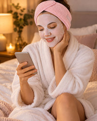 Woman in a robe wearing the pink headband with a face mask on