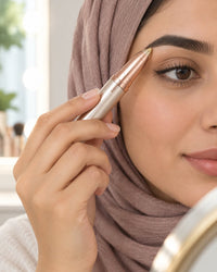 Woman gliding the brow trimmer along the lower edge of her eyebrow