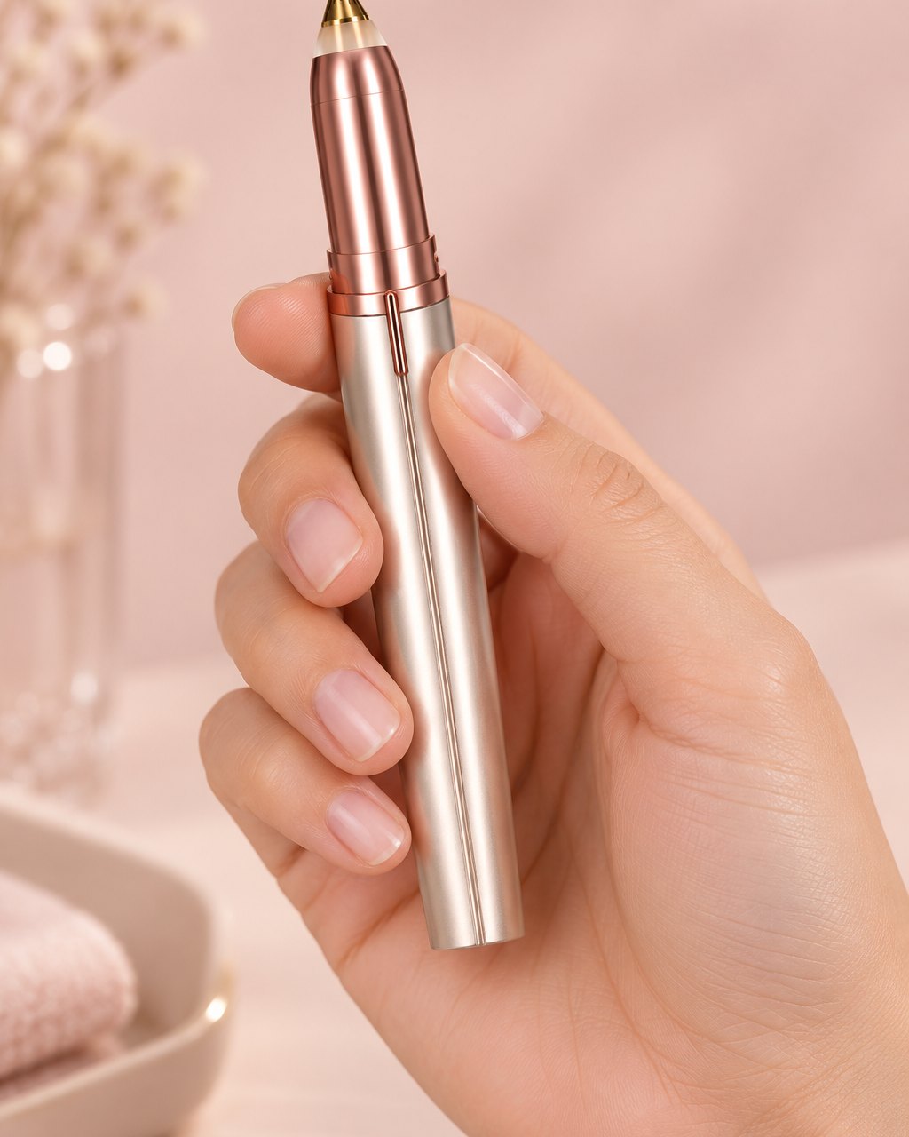 The uncapped brow trimmer held upright in one hand, slim as a pen