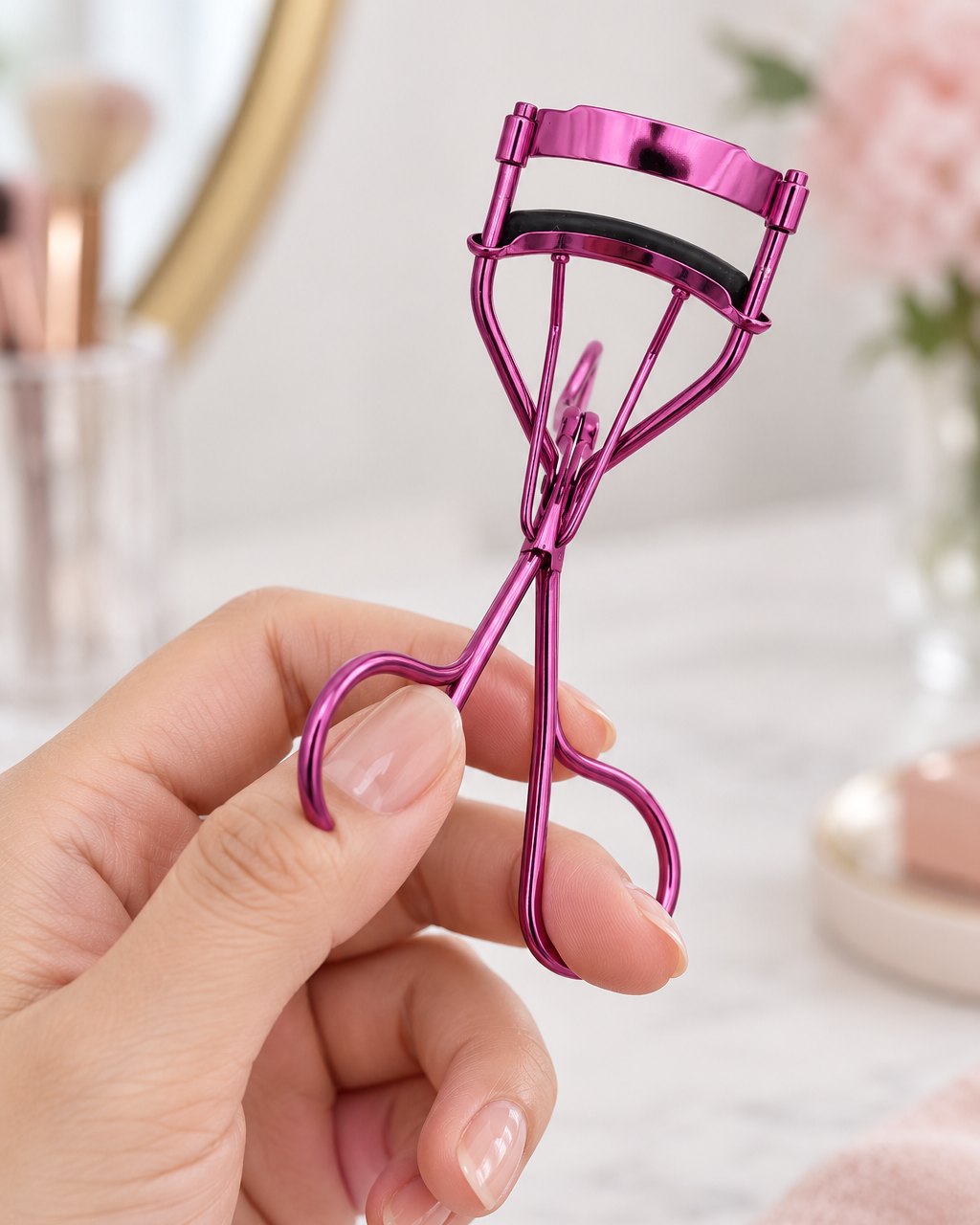 The lash curler held in one hand by its loops