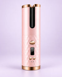 Pink cordless automatic curler with gold-tone trim