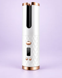 White cordless automatic curler with gold-tone trim