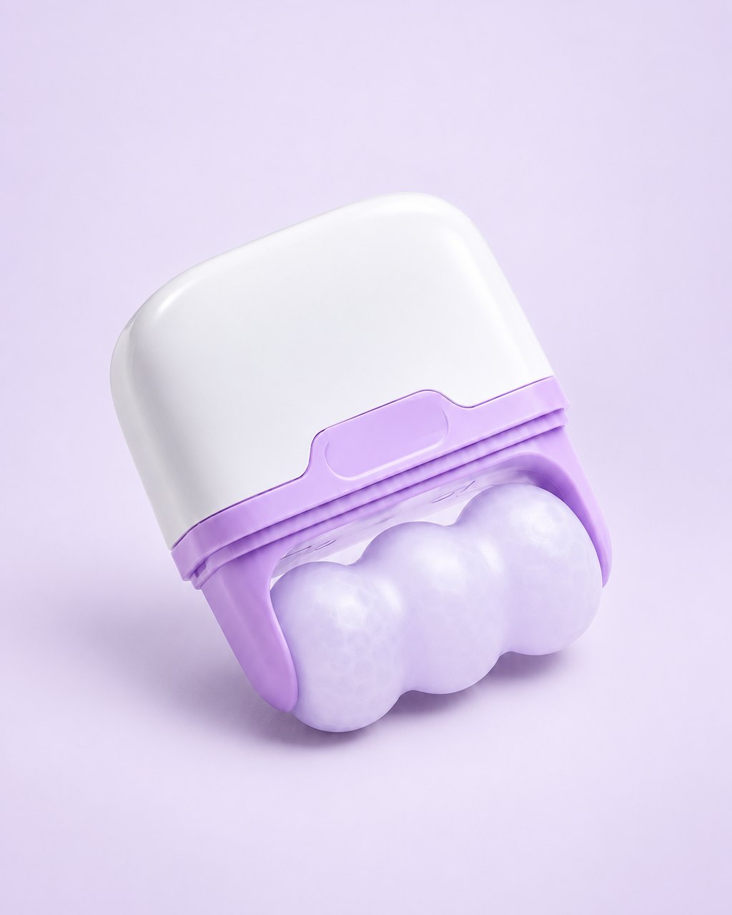 Lilac and white double ice roller with its cap off, showing the twin rollers