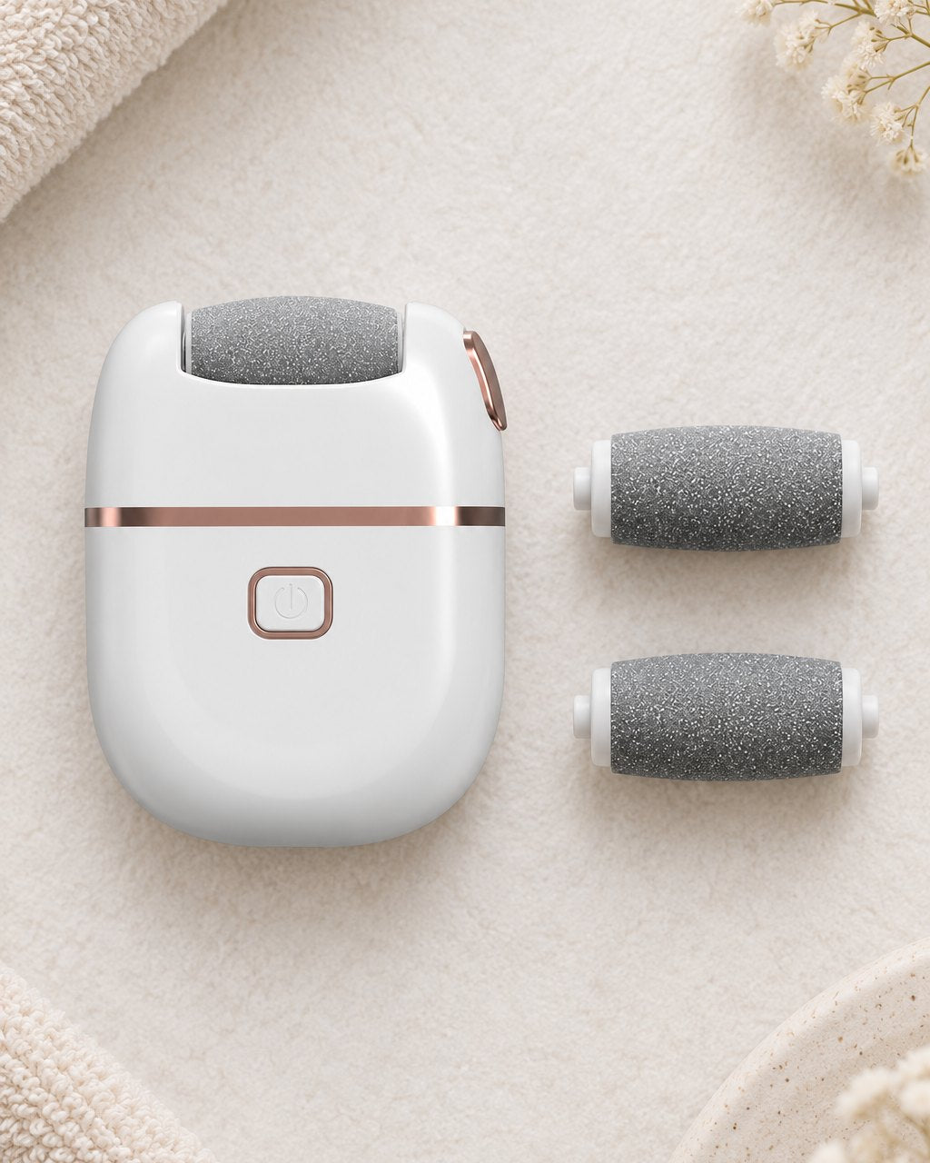Callus remover laid out with its coarse and medium sanding rollers