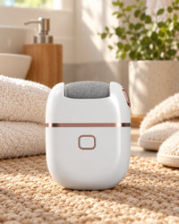 Callus remover on a bath mat next to a folded towel and slippers