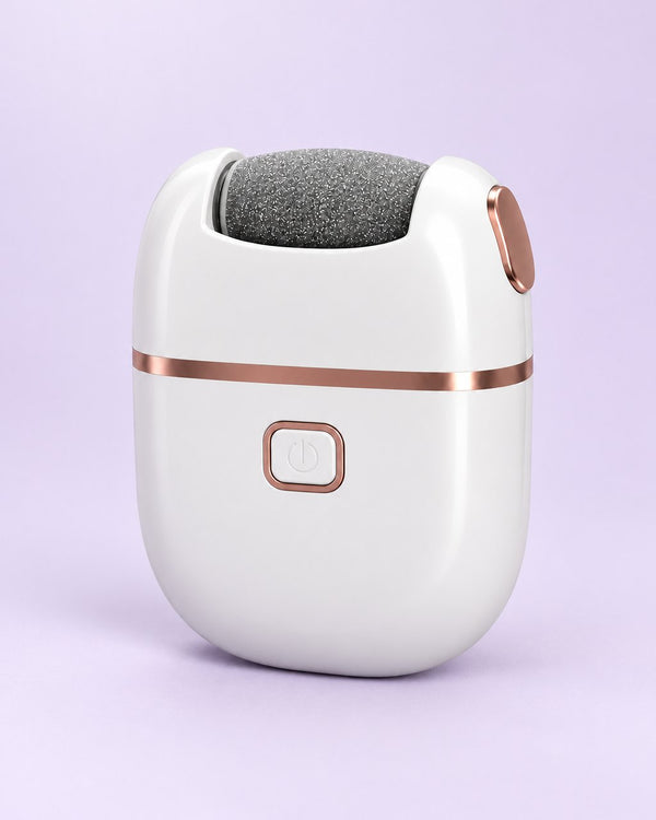 White electric callus remover with a grey sanding roller and rose-gold trim