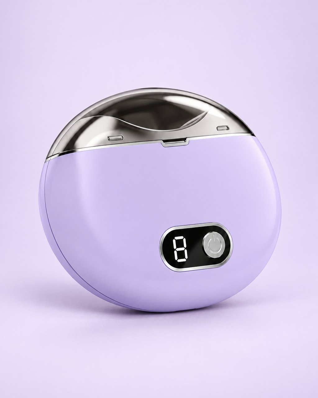 Round lilac electric nail clipper with a silver top and a small display