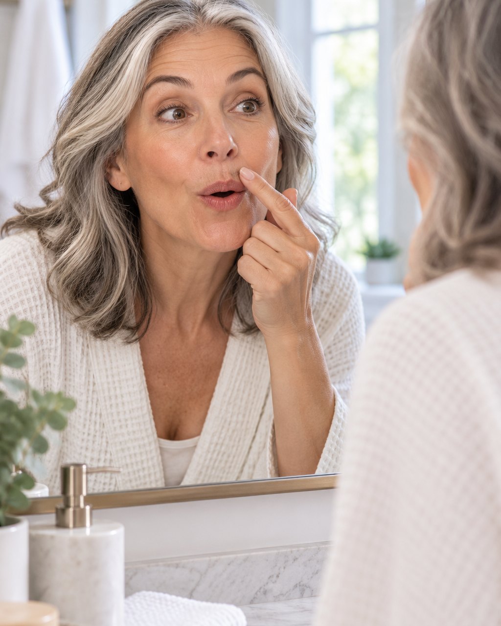Woman leaning into a window-lit mirror, noticing fine hair on her upper lip