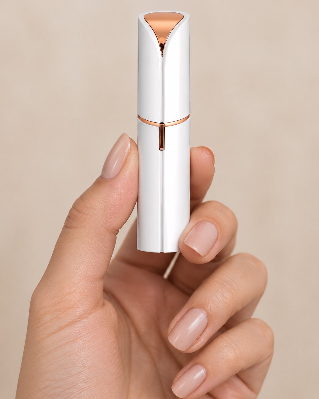 The facial hair remover held between thumb and fingers, the size of a lipstick