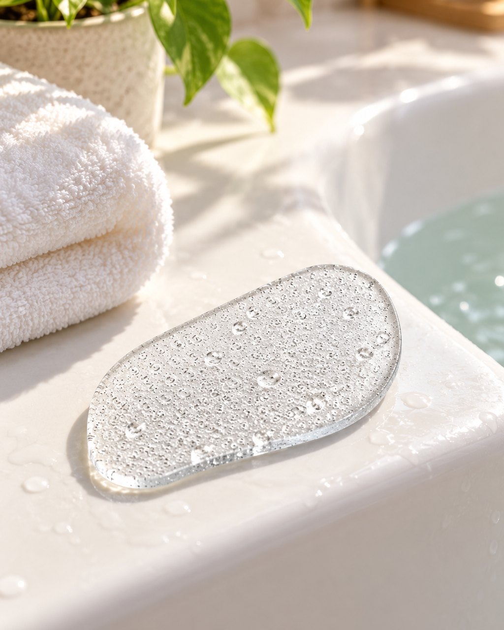 Glass foot file on the edge of a bath beside a folded towel
