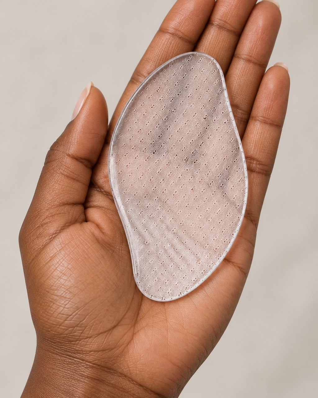 The glass foot file held in one palm, slightly bigger than a credit card