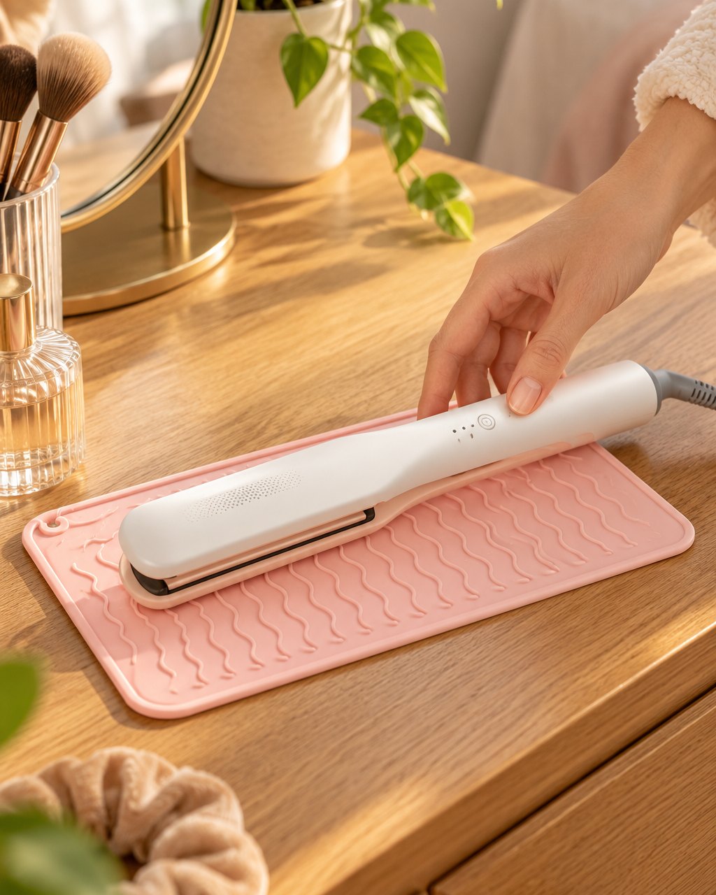 Hair straightener resting on the pink heat mat on a dresser