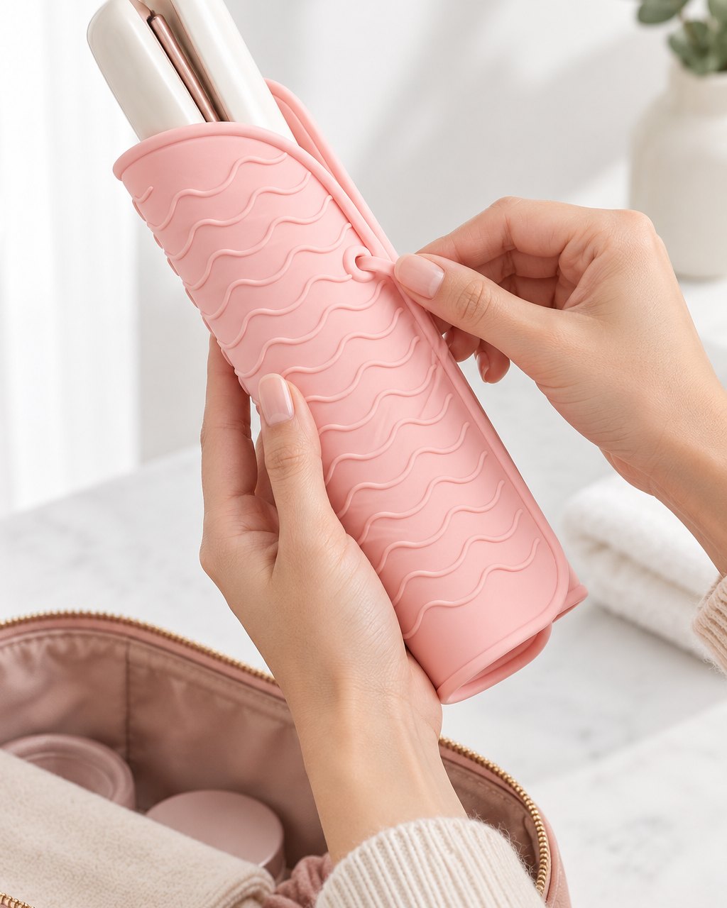 The pink mat rolled around a straightener for packing