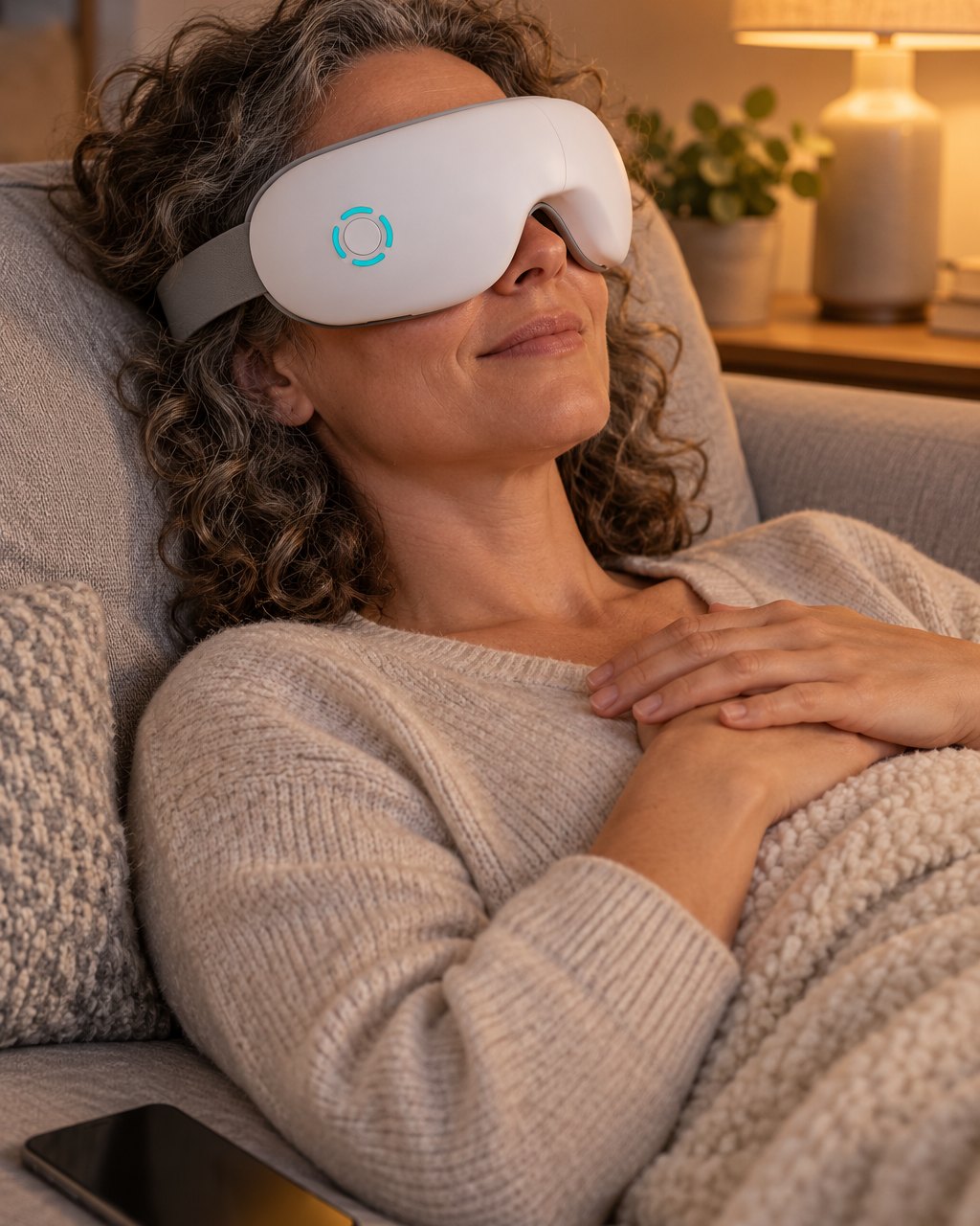 Woman lying back on a sofa wearing the eye massager, relaxed with music