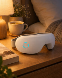 Eye massager on a bedside table next to a book and a cup of tea