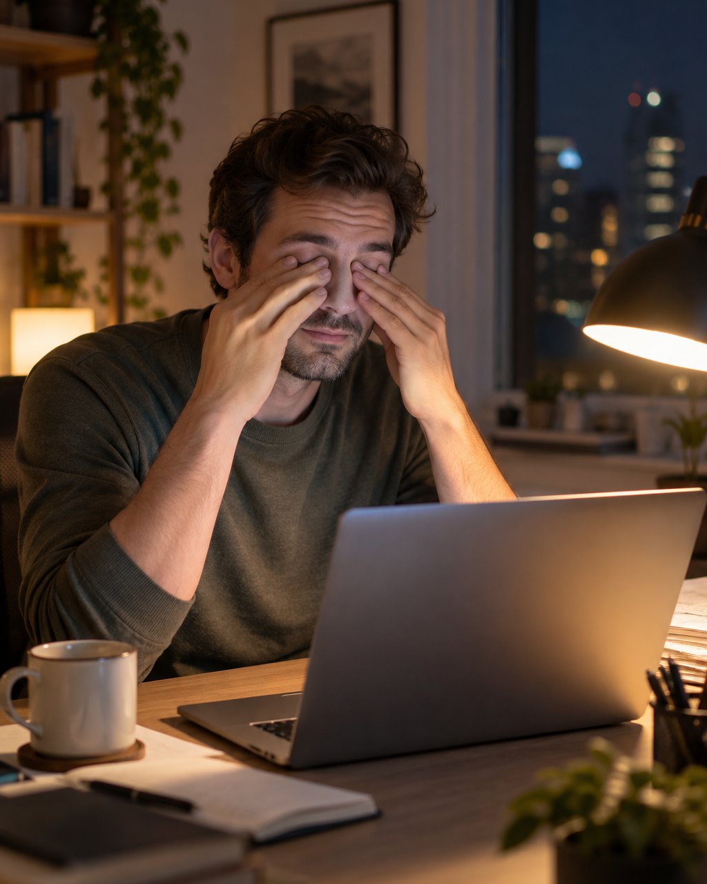 Woman at a laptop late at night rubbing her eyes under a desk lamp