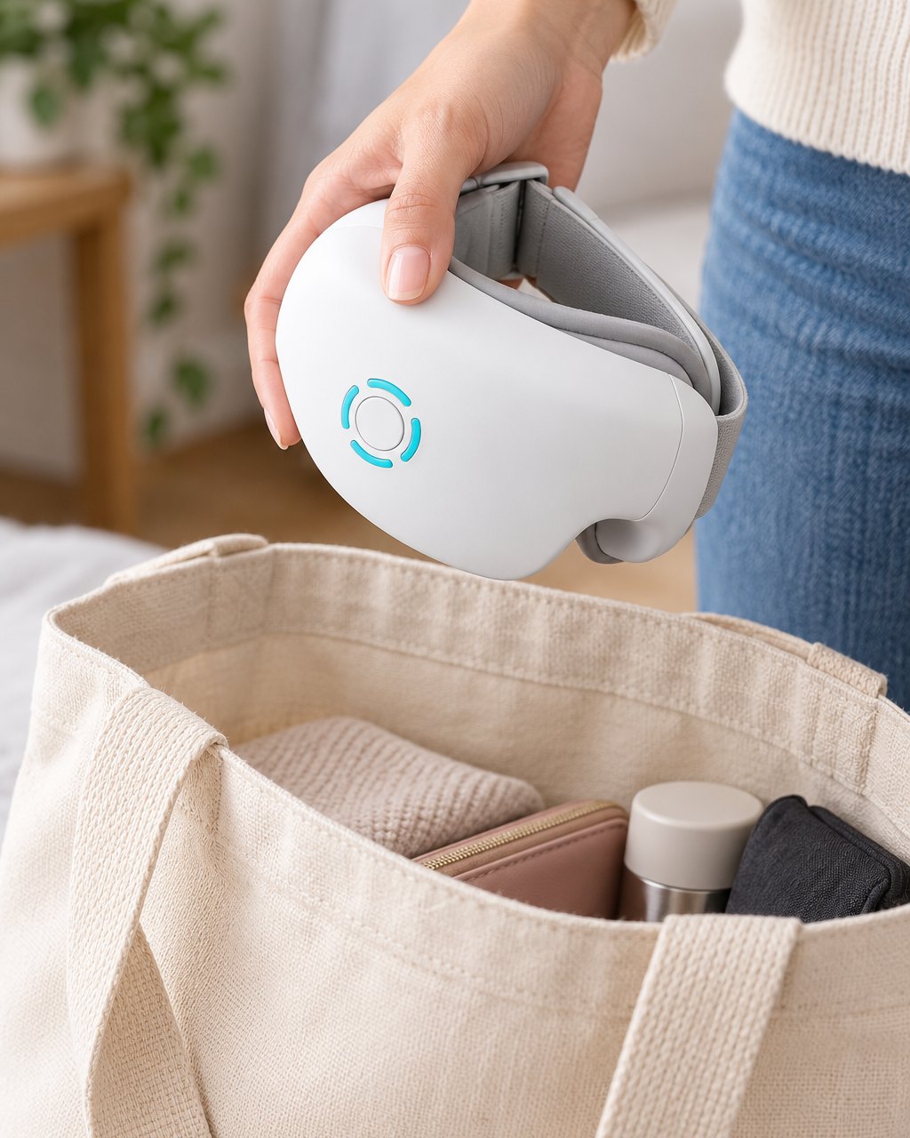The eye massager folded in half and held in one hand above a tote bag