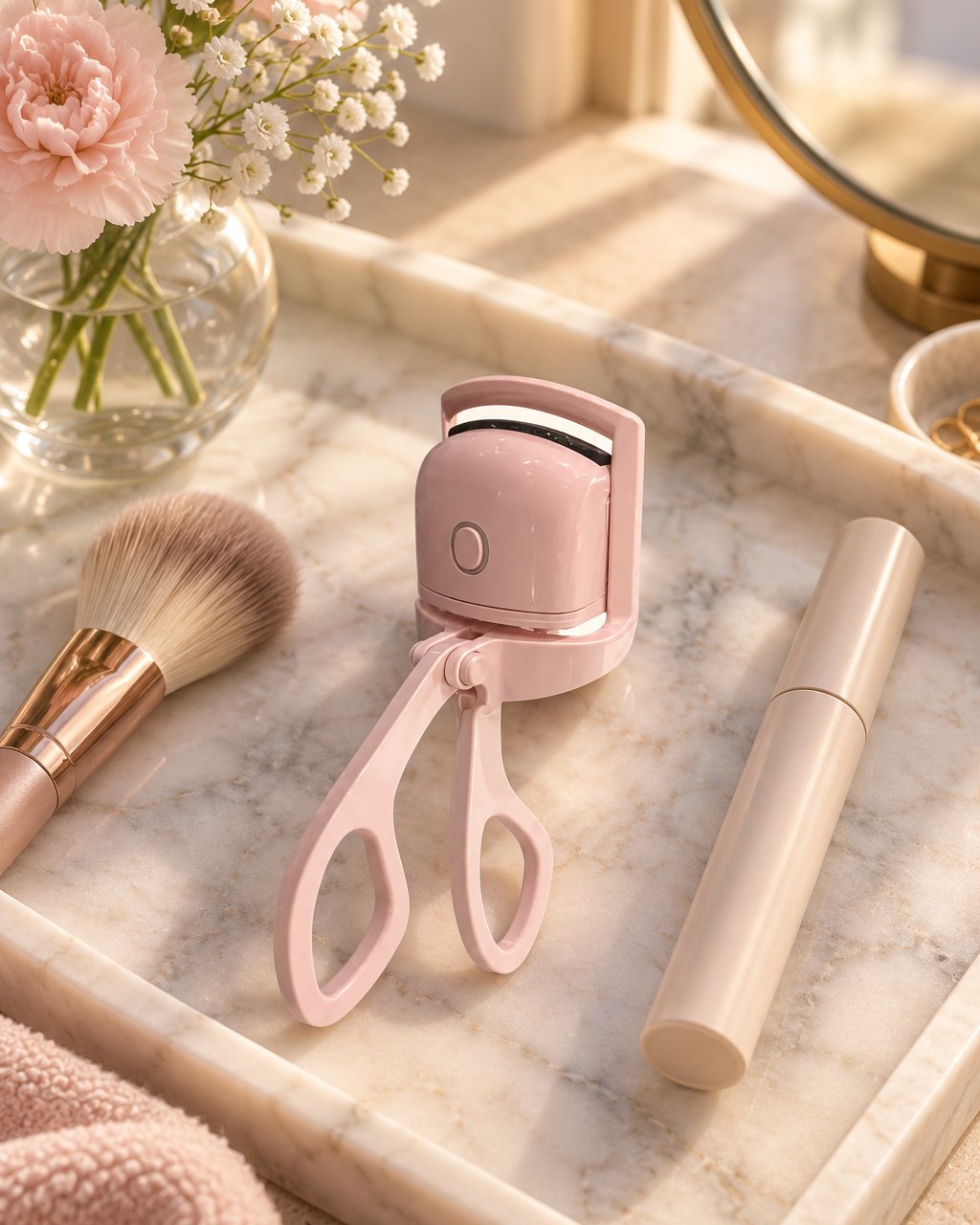 Pink heated lash curler on a vanity tray next to a mascara and a makeup brush