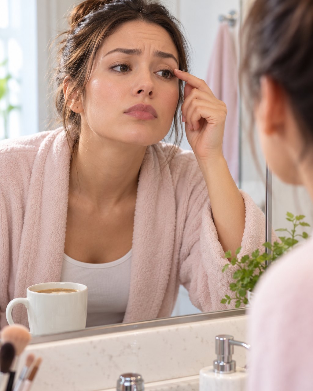 Woman in a pink robe leaning into a bathroom mirror before work, touching the corner of her eye with a little frown