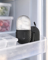 Ice capsule with its clear ice dome standing in a freezer door, the cap beside it
