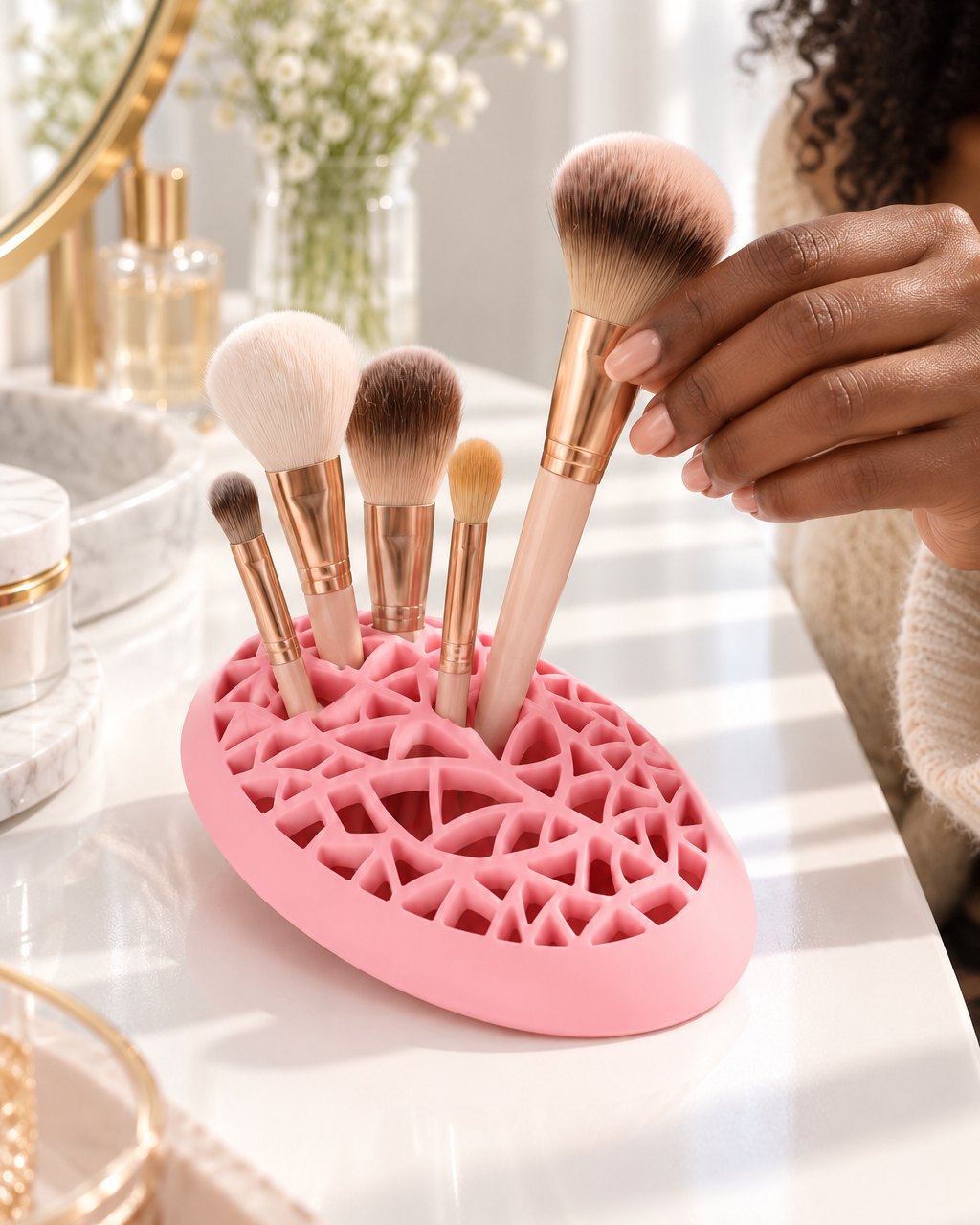 Hand pulling a makeup brush from the pink lattice holder