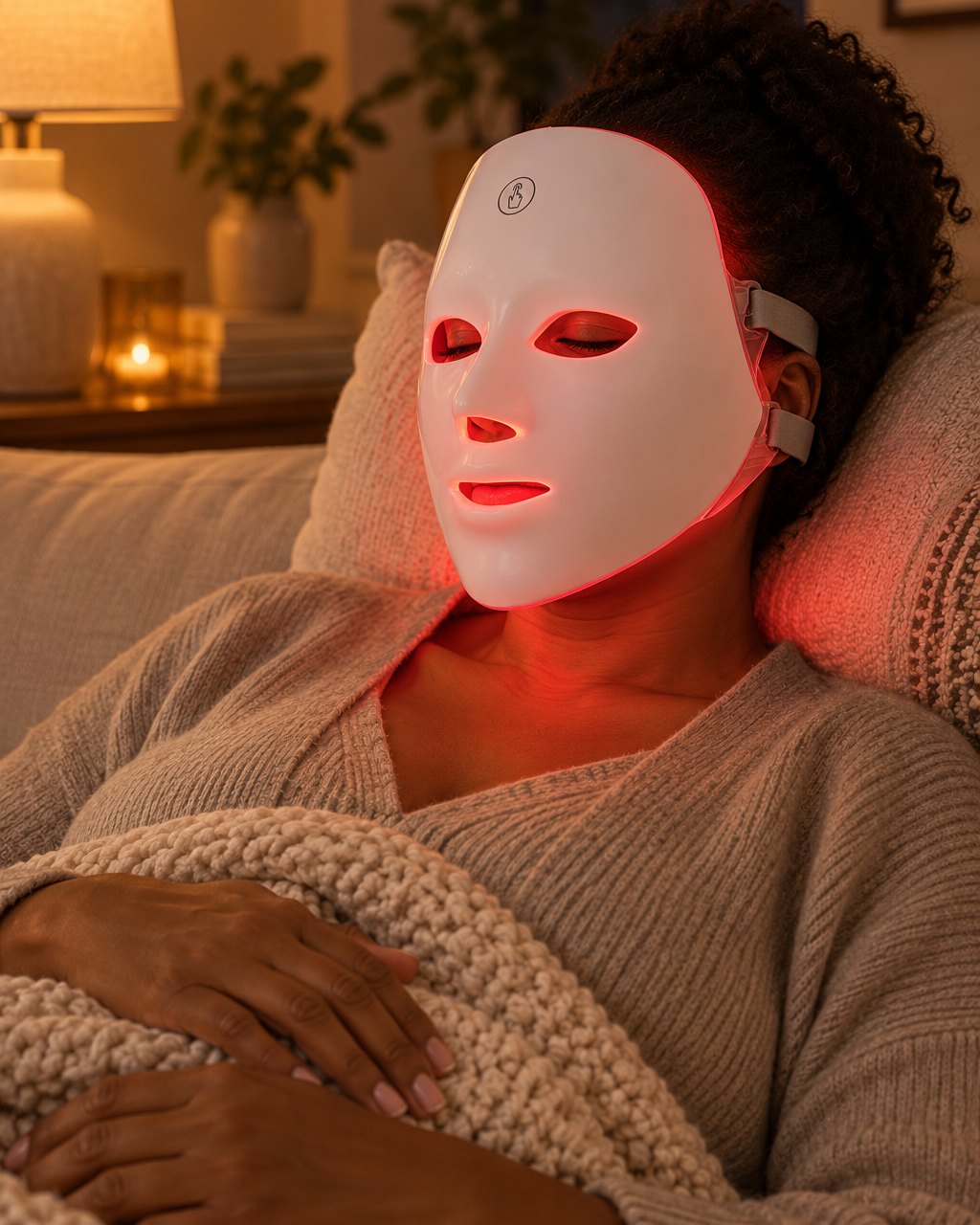 Woman lying back on a sofa wearing the white LED mask, glowing soft red, eyes closed
