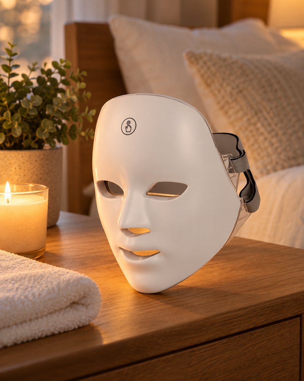 White LED face mask on a bedside table beside a lit candle and a folded towel