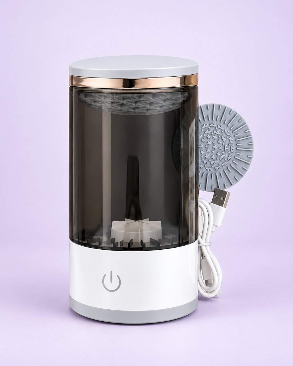 Electric makeup brush cleaner with a smoke tinted jar and white base