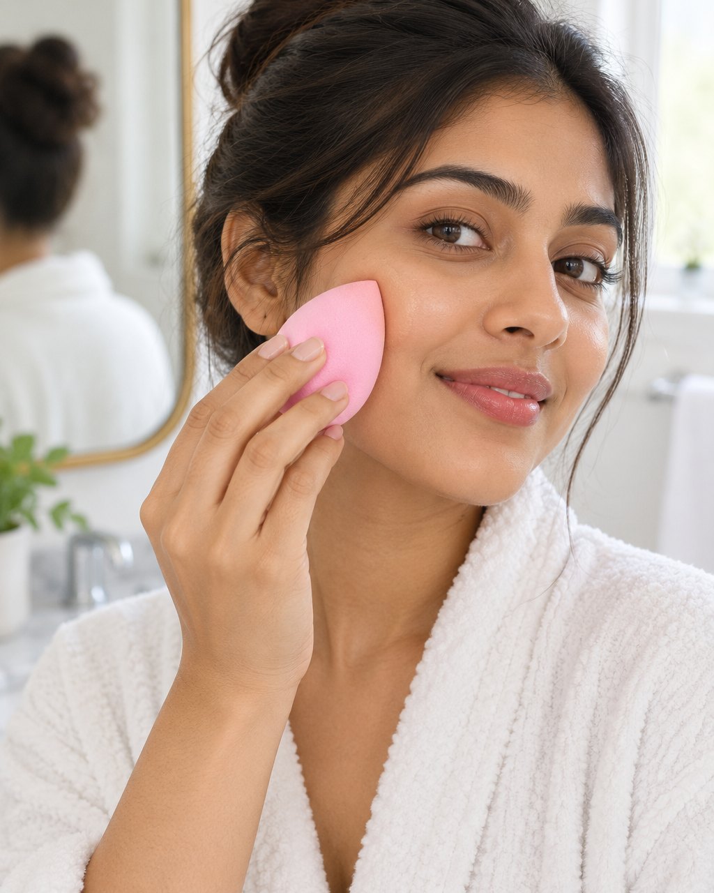 Woman pressing foundation onto her cheek with a pink teardrop sponge