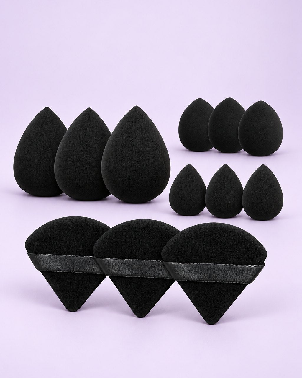 Black set of twelve makeup sponges and triangle powder puffs