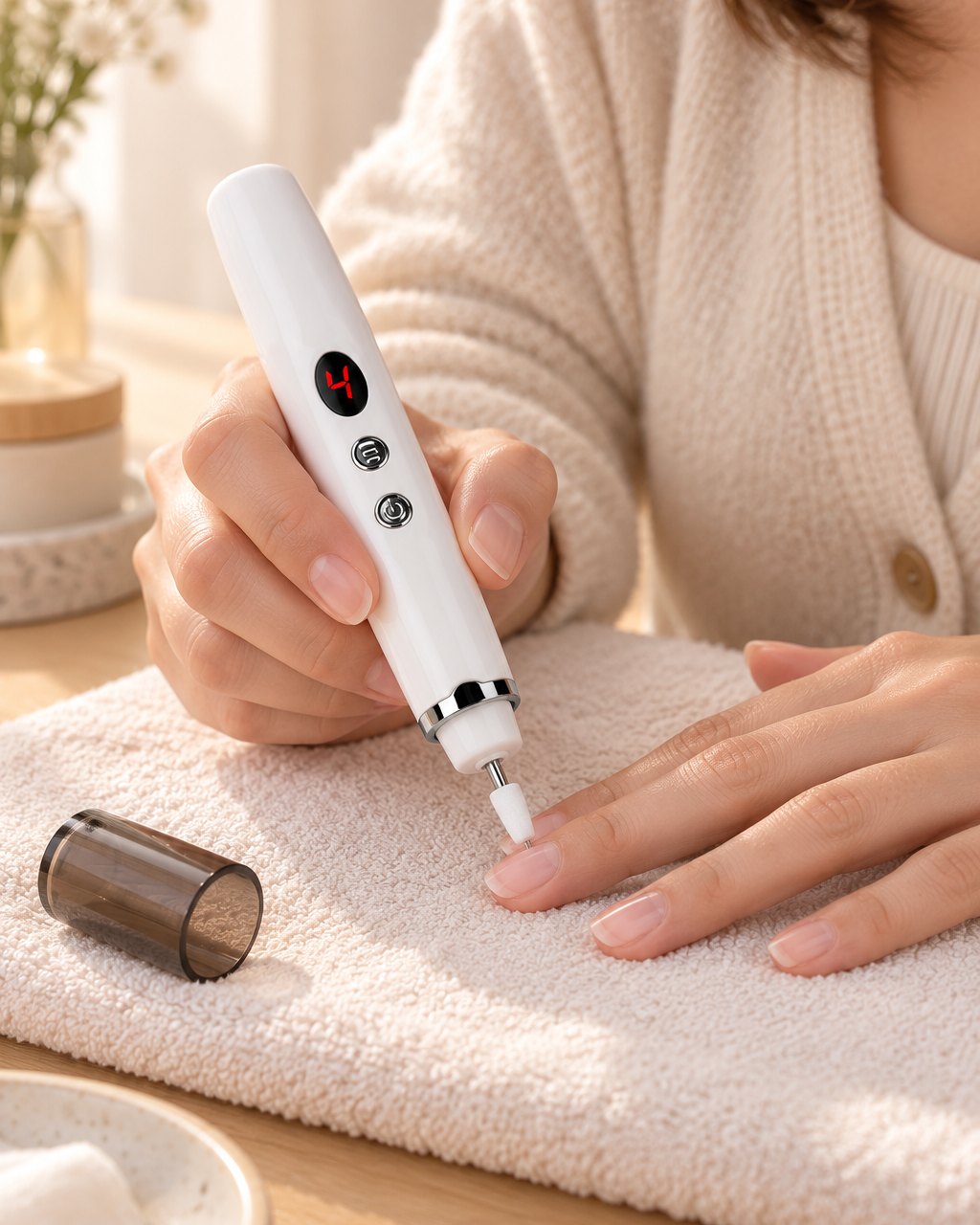 Woman buffing her fingernail with the spinning ceramic head of the pen