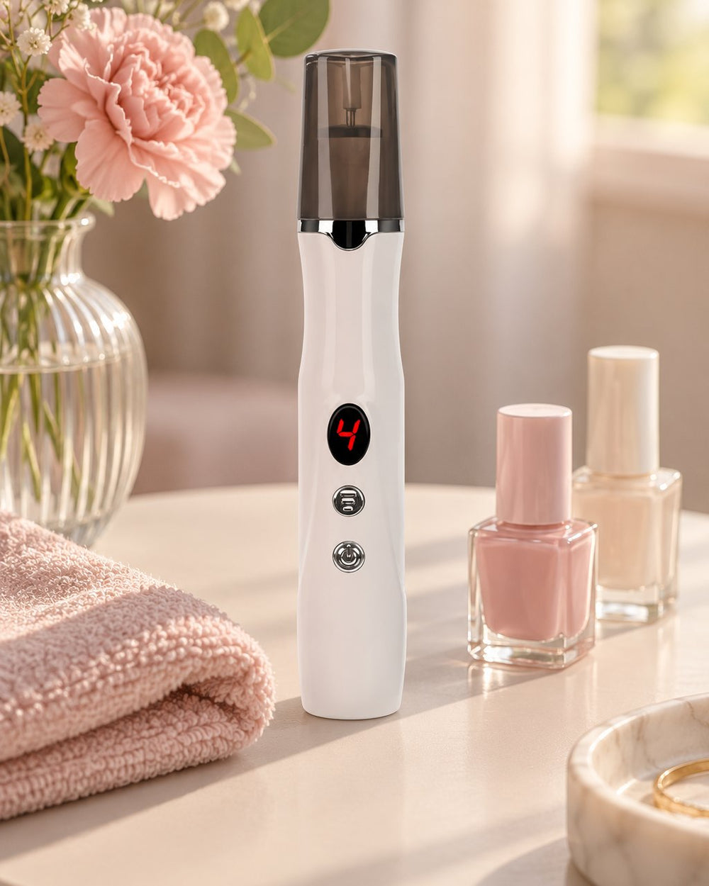 Nail pen on a side table next to nail polish bottles and a small towel