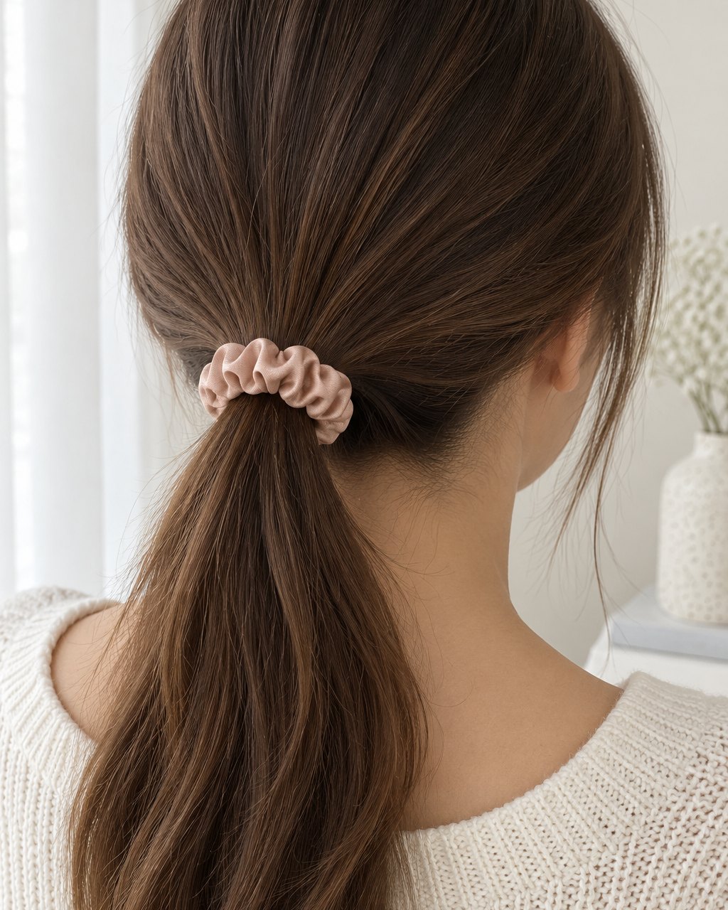 Woman's low ponytail tied with a blush satin scrunchie
