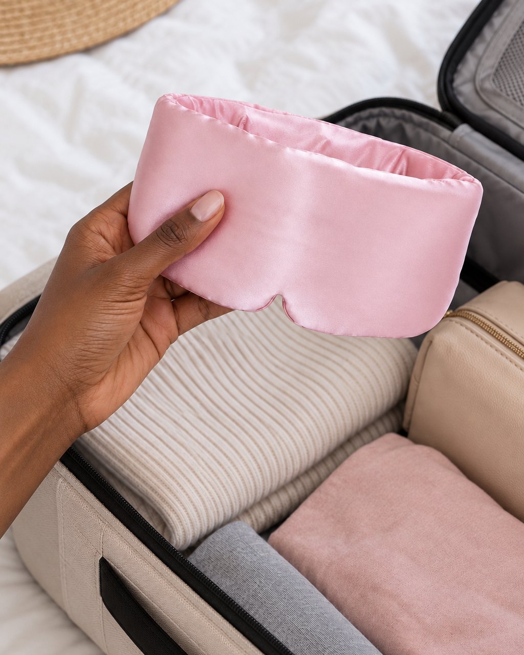 The sleep mask folded flat in one hand above a travel bag