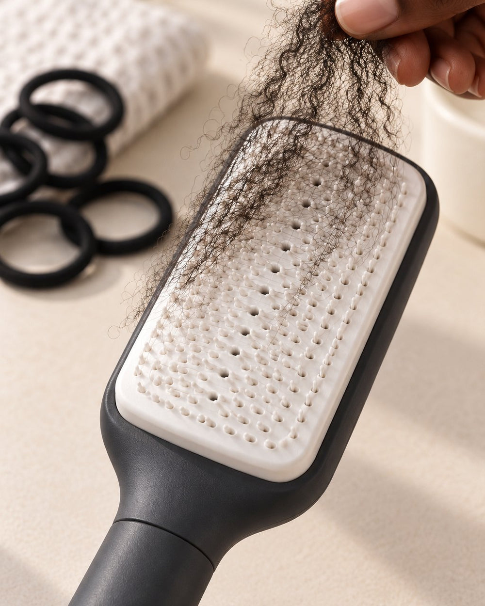 Close-up of the brush with bristles retracted and a sheet of hair lifting off the pad