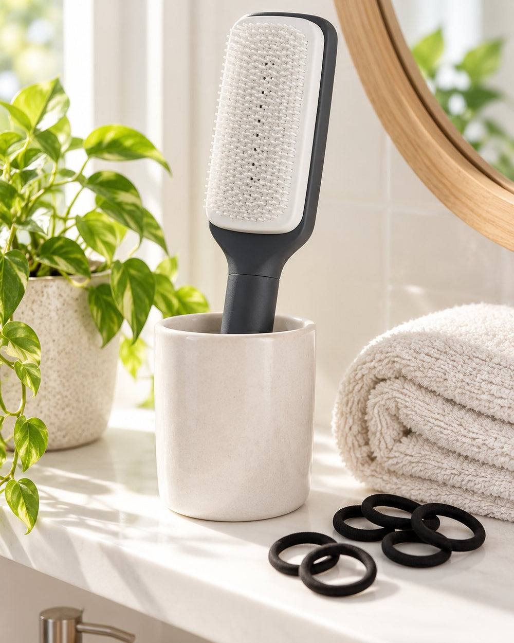 Self-cleaning brush standing on a tidy bathroom shelf beside a towel