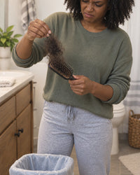 Woman pulling a clump of hair out of an old clogged hairbrush over the bin