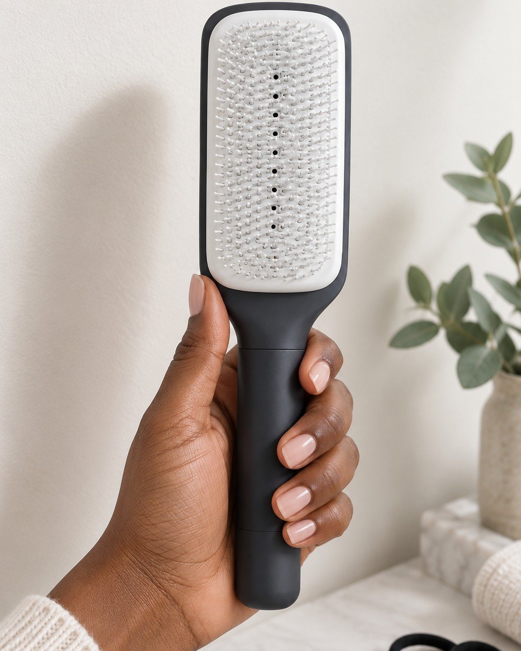The brush held in one hand, the size of a regular paddle brush