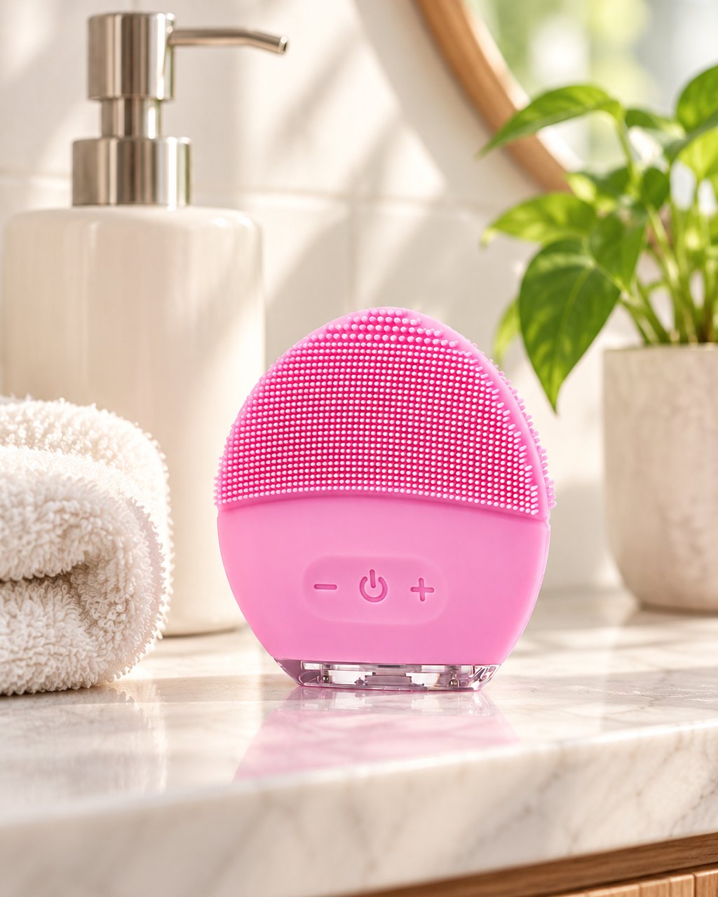 Pink silicone face brush on a bathroom shelf beside a cleanser and a folded towel